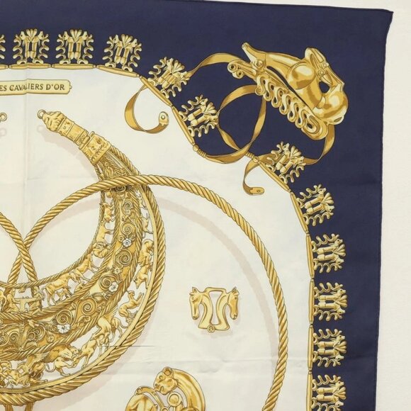 HERMES Carre 90 Scarf ""LES CAVALIERS D'OR"" Silk Navy Auth - Picture 4 of 15